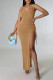 Khaki Sexy Solid Patchwork Draw String Slit Fold Spaghetti Strap Straight Dresses