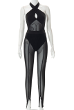 Black Sexy Solid Mesh Halter Sleeveless Two Pieces