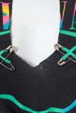 Grey Sexy Street Print Tassel Patchwork Slit Asymmetrical O Neck T-Shirts