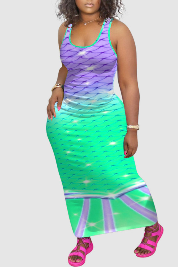 Green Purple Casual Print Patchwork U Neck Vest Dress Dresses