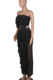 Blue Sexy Solid Patchwork Flounce Strapless Sleeveless Two Pieces