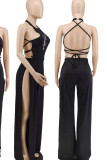 Red Sexy Print Patchwork Slit O Neck Straight Jumpsuits