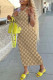Deep Coffee Fashion Street Print Letter V Neck One Step Skirt Dresses