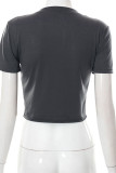 Grey Sexy Street Print Tassel Patchwork Slit Asymmetrical O Neck T-Shirts
