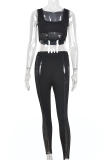 Black Sexy Solid Patchwork Square Collar Sleeveless Two Pieces