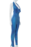 Blue Sexy Print Patchwork Halter Skinny Jumpsuits