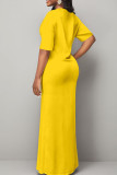 Yellow Casual Print Patchwork Slit V Neck Straight Dresses