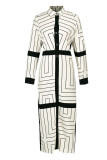 Pink Casual Striped Print Patchwork Buckle Turndown Collar Shirt Dress Dresses