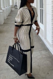 Pink Casual Striped Print Patchwork Buckle Turndown Collar Shirt Dress Dresses