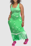 Green Casual Print Patchwork U Neck Vest Dress Dresses