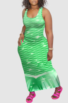 Green Casual Print Split Joint U Neck Vest Dress Dresses