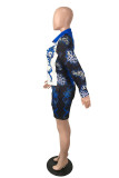 Blue Fashion Casual Print Patchwork Turndown Collar Long Sleeve Two Pieces