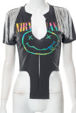 Grey Sexy Street Print Tassel Patchwork Slit Asymmetrical O Neck T-Shirts