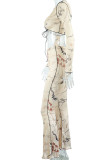 Red Sexy Print Bandage Hollowed Out Patchwork Long Sleeve Two Pieces