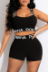 Black Fashion Street Letter Print Patchwork Spaghetti Strap Sleeveless Two Pieces