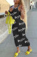 Black Fashion Street Print Letter V Neck One Step Skirt Dresses