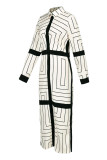 Pink Casual Striped Print Patchwork Buckle Turndown Collar Shirt Dress Dresses