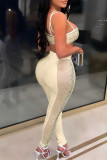 White Sexy Solid Patchwork Hot Drill Halter Sleeveless Two Pieces