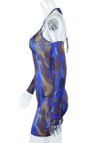 Blue Sexy Print Hollowed Out Patchwork Halter Pencil Skirt Dresses