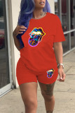 Red Casual Print Patchwork O Neck Short Sleeve Two Pieces