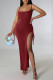 Burgundy Sexy Solid Patchwork Draw String Slit Fold Spaghetti Strap Straight Dresses