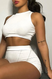 White Fashion Solid Patchwork O Neck Sleeveless Two Pieces