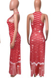 Red Casual Print Patchwork U Neck Vest Dress Dresses