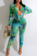 Green Sexy Print Bandage Patchwork V Neck Long Sleeve Two Pieces