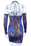 Blue Sexy Print Hollowed Out Patchwork Halter Pencil Skirt Dresses
