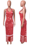 Red Casual Print Patchwork U Neck Vest Dress Dresses