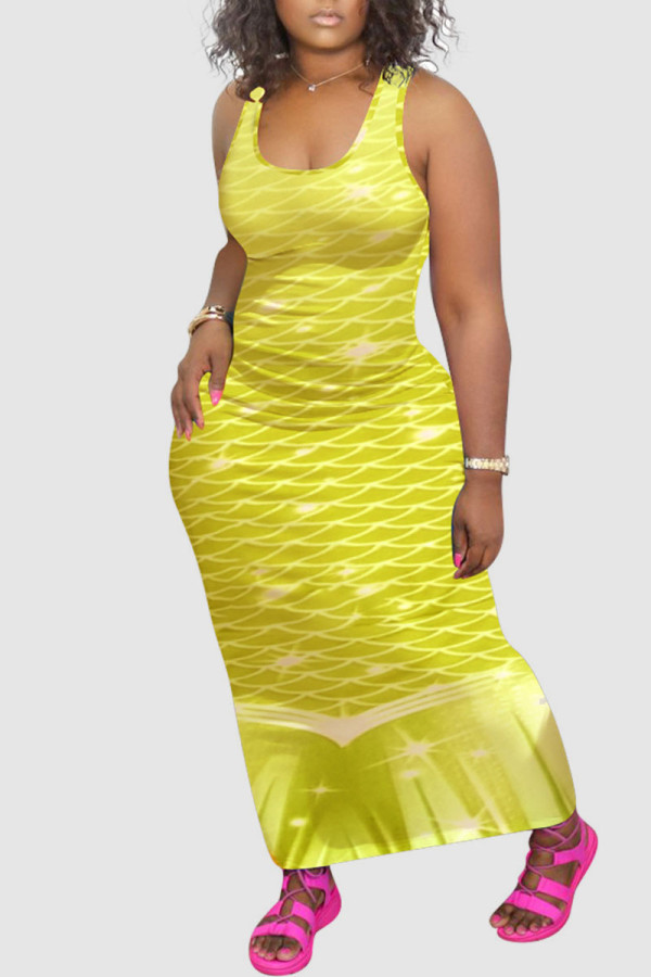 Yellow Casual Print Patchwork U Neck Vest Dress Dresses