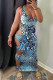 Blue Fashion Sexy Letter Ripped V Neck One Step Skirt Dresses
