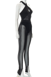 Black Sexy Solid Mesh Halter Sleeveless Two Pieces