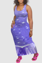 Blue Casual Print Split Joint U Neck Vest Dress Dresses