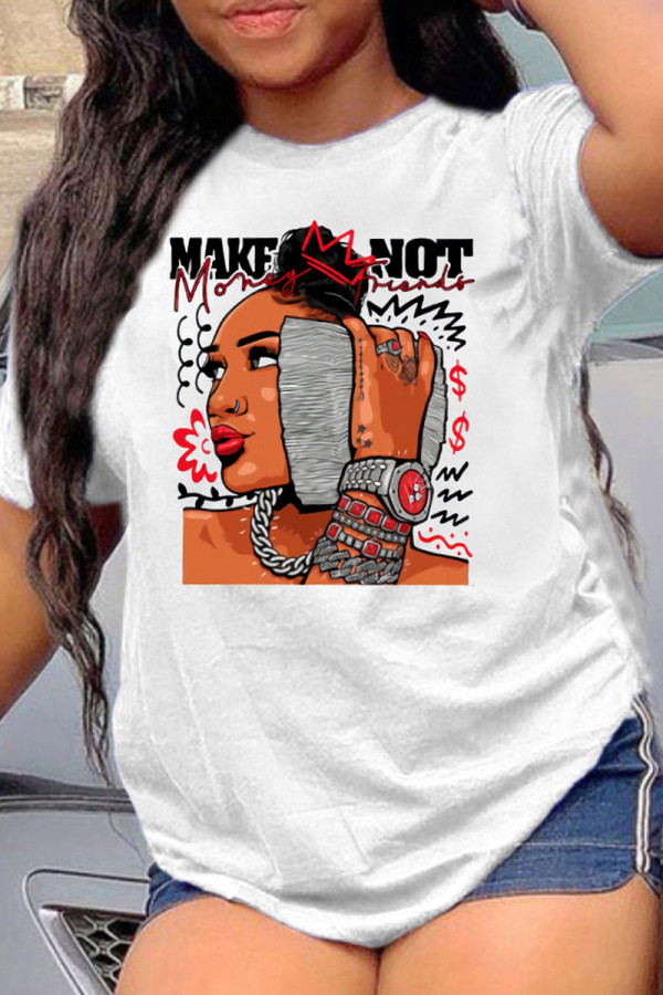 White Brown Fashion Casual Print Basic O Neck T-Shirts