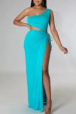 Cyan Sexy Solid Hollowed Out Patchwork Cross Straps Slit Oblique Collar Straight Dresses