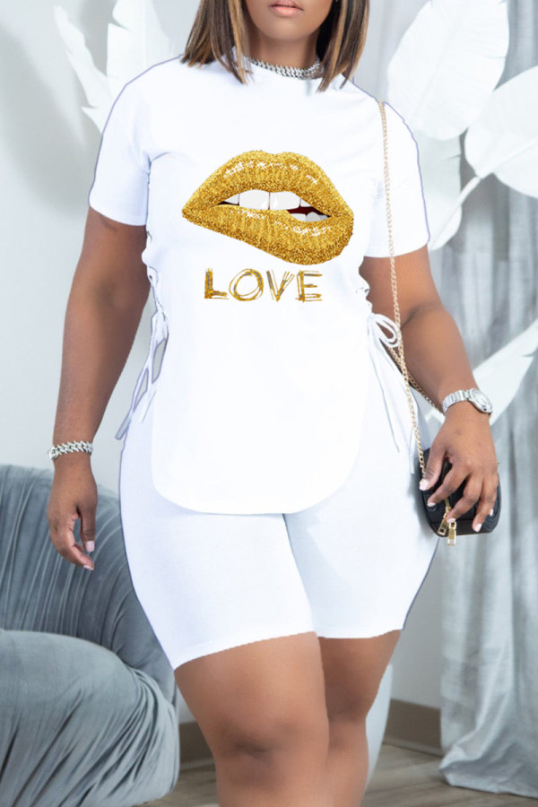 White Fashion Casual Letter Lips Printed Bandage Slit O Neck Short Sleeve Two Pieces