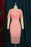 Pink Fashion Casual Solid Patchwork See-through O Neck Short Sleeve Dress