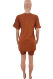 Rose Red Fashion Casual Print Slit V Neck Short Sleeve Two Pieces