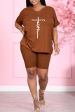 Rose Red Fashion Casual Print Slit V Neck Short Sleeve Two Pieces