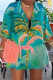 Blue Casual Print Patchwork Buckle Turndown Collar Tops