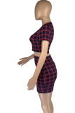 Navy Blue Fashion Plaid Patchwork O Neck Short Sleeve Two Pieces