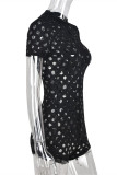 Black Fashion Sexy Solid Hollowed Out See-through O Neck Skinny Romper (Without Belt)