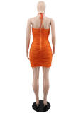 Blue Fashion Sexy Solid Bandage Backless Fold Halter Strapless Dress