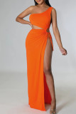 Cyan Sexy Solid Hollowed Out Patchwork Cross Straps Slit Oblique Collar Straight Dresses