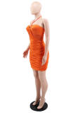 Blue Fashion Sexy Solid Bandage Backless Fold Halter Strapless Dress
