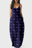 Apricot Fashion Casual Print Backless Spaghetti Strap Long Dress