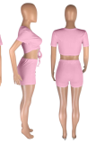 Pink Sexy Solid Draw String V Neck Short Sleeve Two Pieces