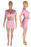 Pink Sexy Solid Draw String V Neck Short Sleeve Two Pieces