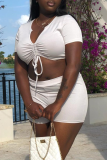 Pink Sexy Solid Draw String V Neck Short Sleeve Two Pieces